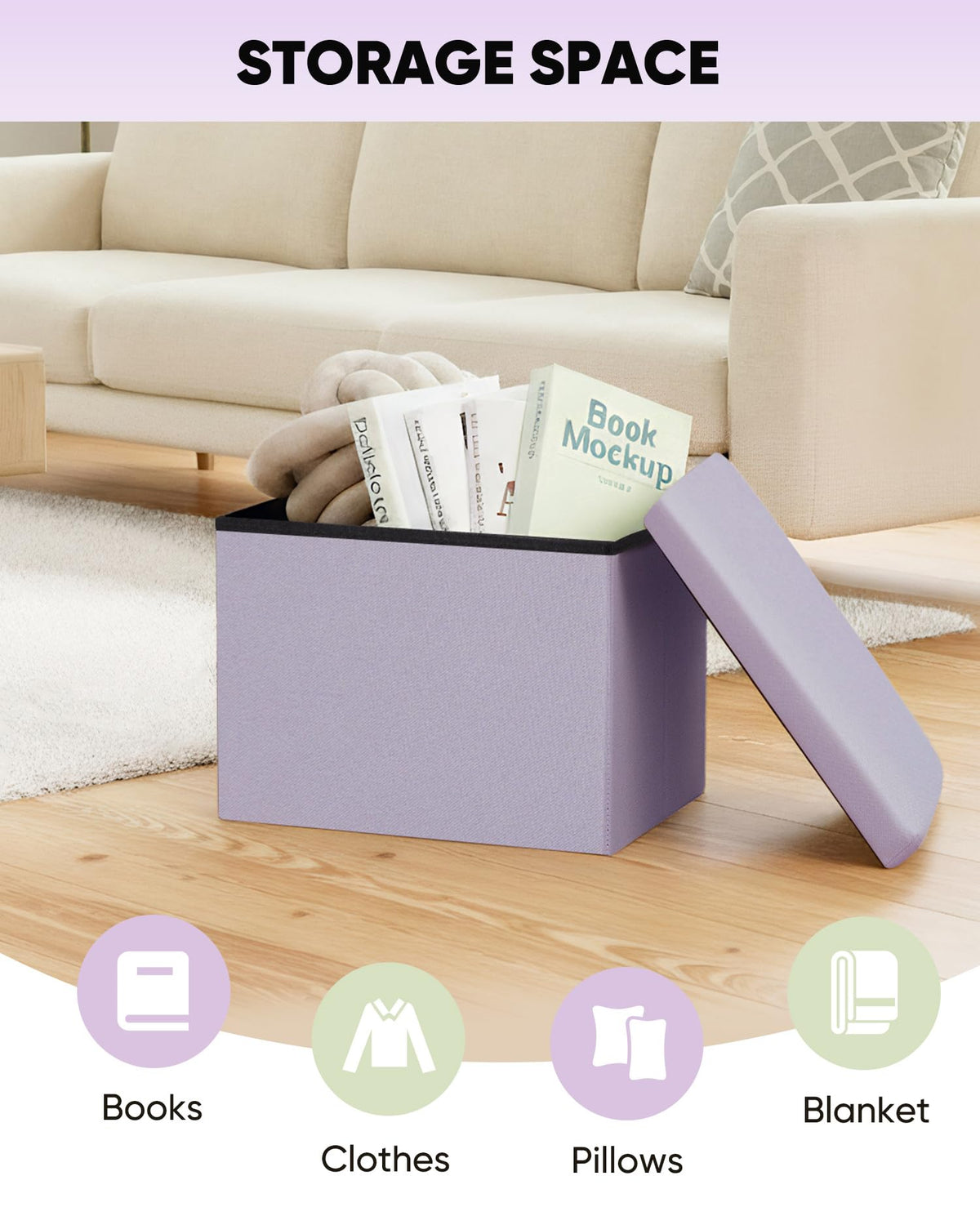 Bonlife Ottoman Storage Box - Foldable Rectangular Footstool for Living Room, Kids Toy Chest with Lid, Multi-Use Seat & Storage, Light purple - image 2