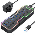 ZIUMIER 10-Port USB 3.0 Powered Hub with RGB LED and 12V Power Adapter