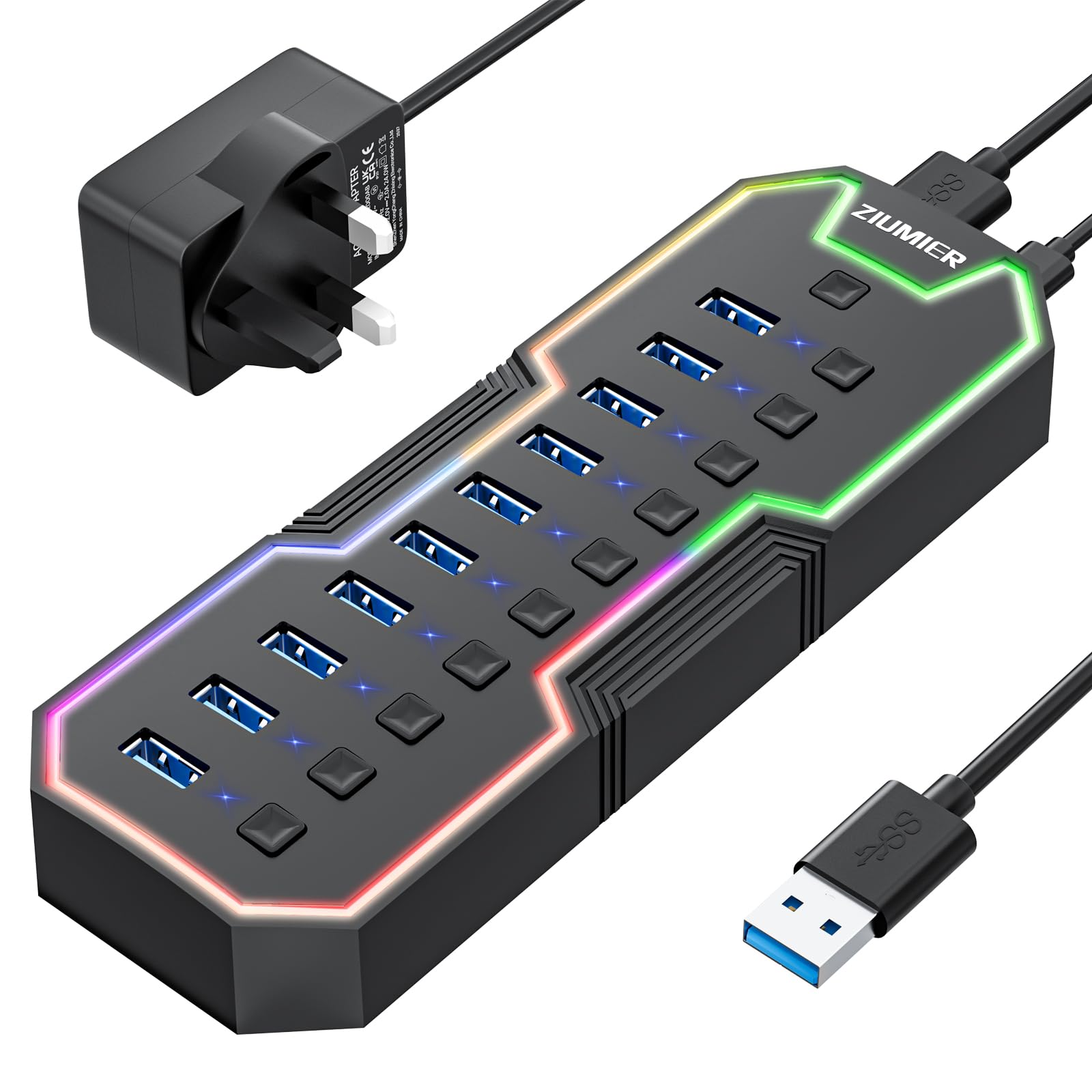 ZIUMIER 10-Port USB 3.0 Powered Hub with RGB LED and 12V Power Adapter