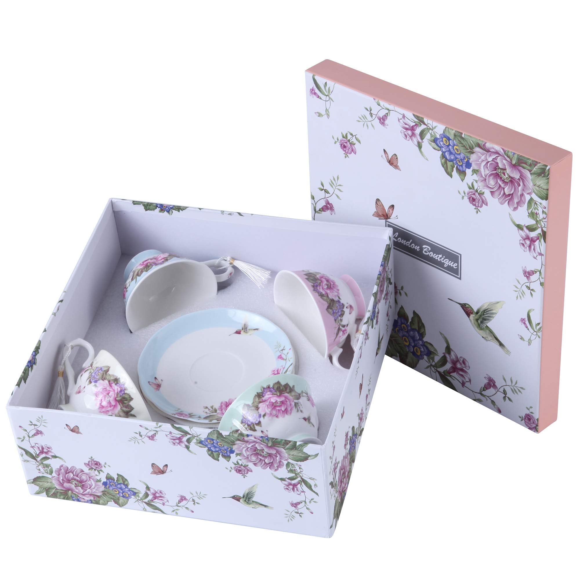 London Boutique Vintage Rose Bone China Tea Cup and Saucer Set - 4 Pack