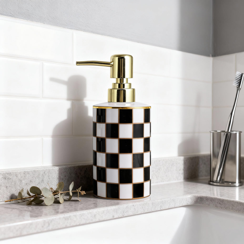 Checkered Bathroom Soap Dispenser,Gold Pump Ceramic Soap Dispenser,Kitchen Checkerboard Empty Pump Bottle,Bath Countertop Storage Organizer,Checkered - image 4