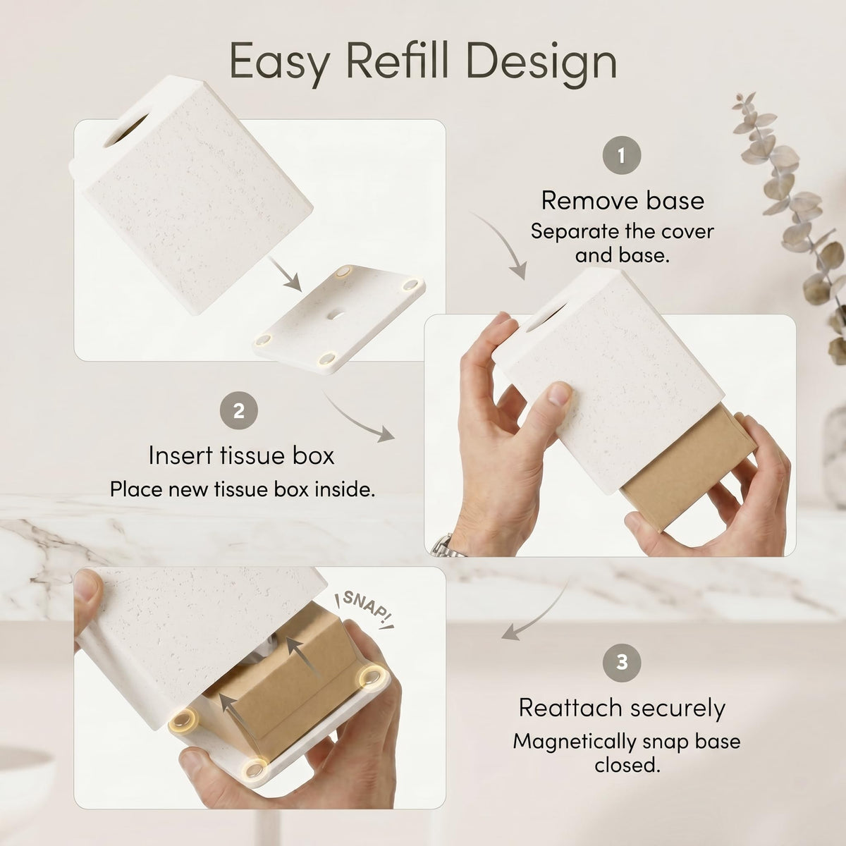 White Tissue Box Cover, Modern Square Decorative Tissue Box Holder with Travertine-Inspired Finish, Removable Magnetic Base Lid - image 3
