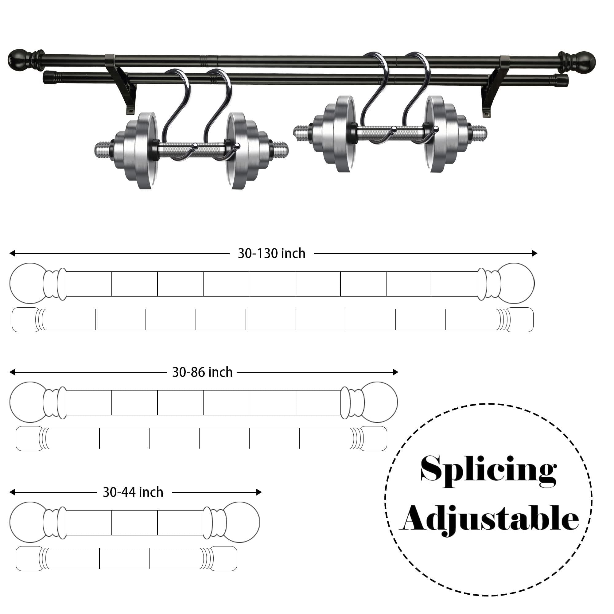 Harrms Double Curtain Rod – Black Metal Extendable Pole, 76-332cm