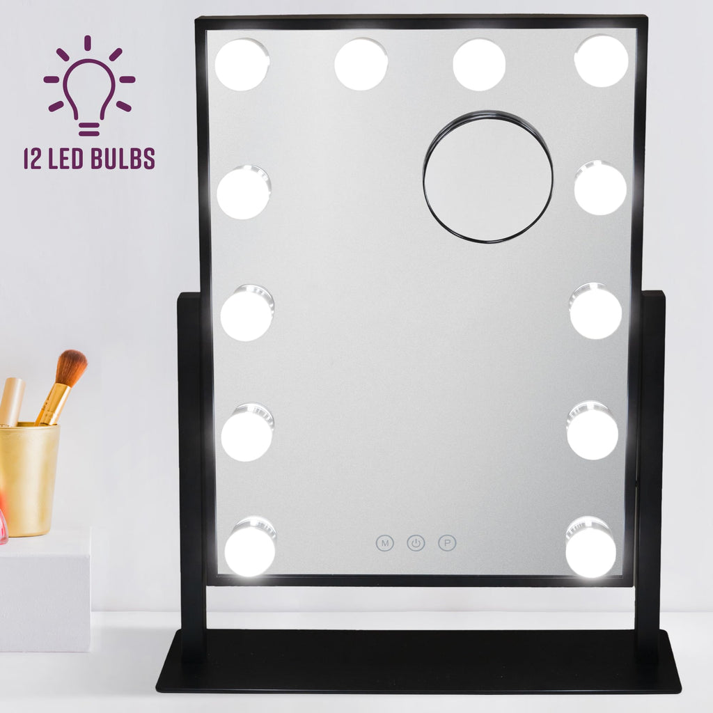 GloBrite Hollywood Vanity Mirror with 12 LED Bulbs – 3 Light Modes, Black