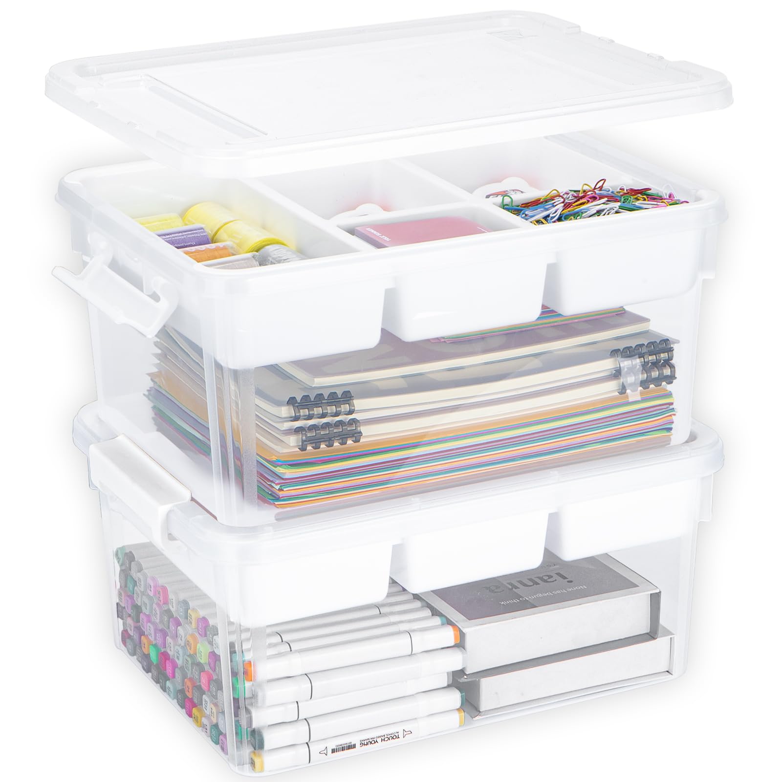 Creahaus 2-Pack 16L Stackable Craft Storage Boxes with Removable Tray