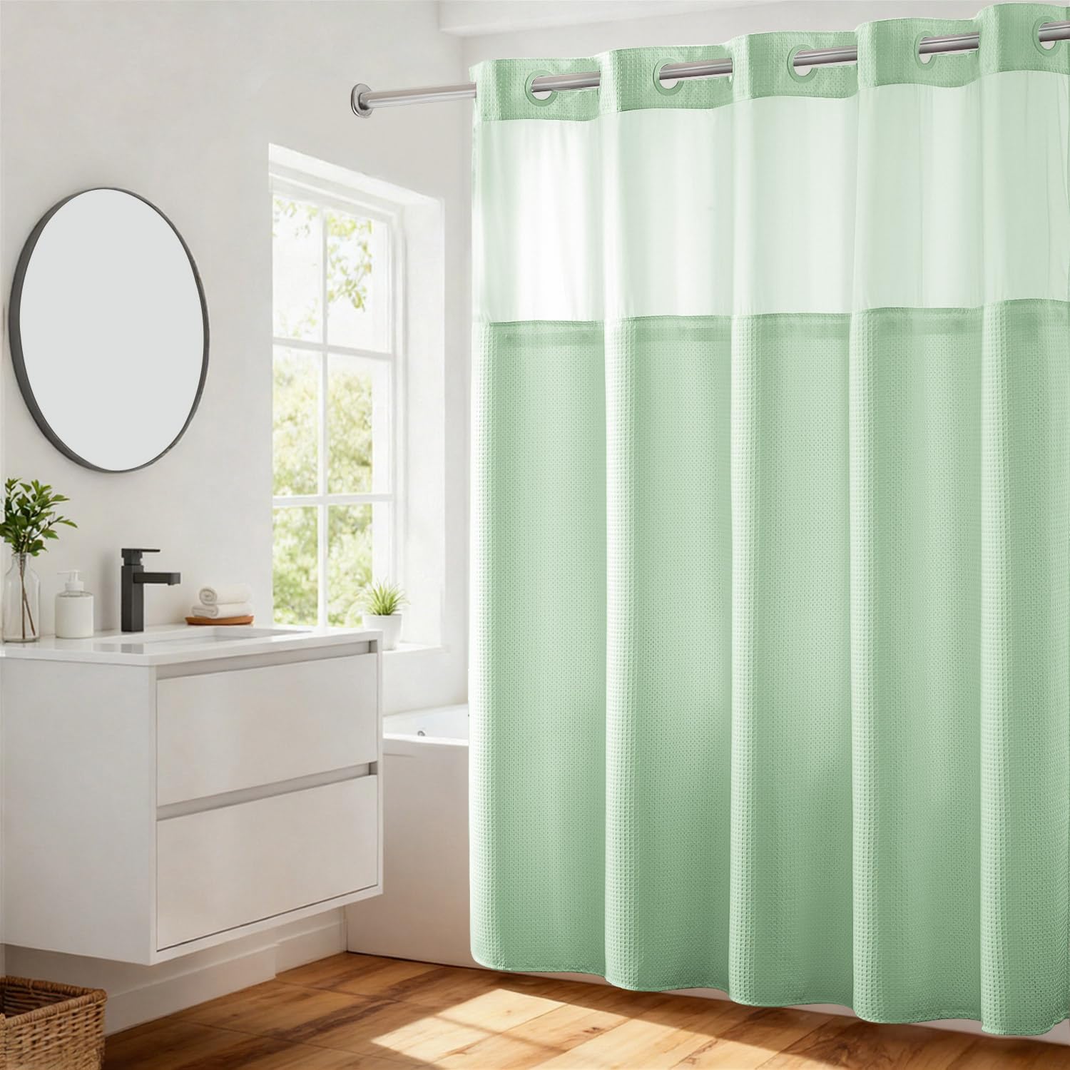 River Dream Waffle Shower Curtain with Snap-in Liner - Light Green