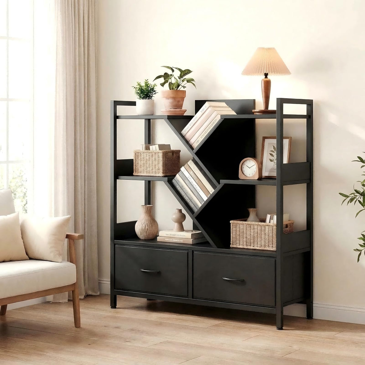 IRONCK Black Bookshelf with 2 Drawers & Wheels, Cube Bookcase 100x32x104 cm - image 2