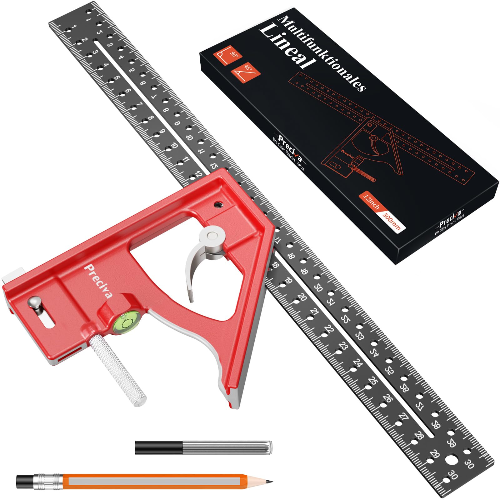 Preciva 12-Inch Combination Square | Aluminum Alloy Woodworking Ruler