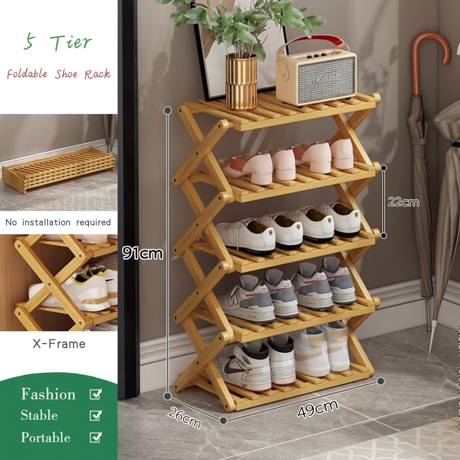 Glsety 5-Tier Bamboo Shoe Rack – Foldable No-Assembly Storage Organizer