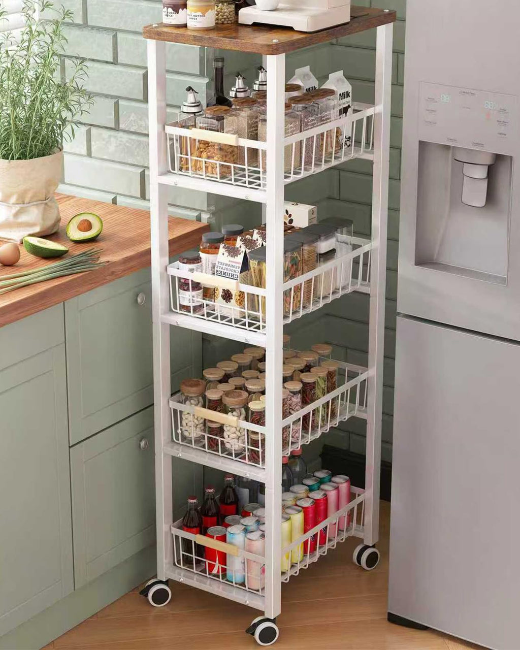 Ornestia 5-tier Vegetable Rack with Wooden Top for Kitchen Storage（White - image 1