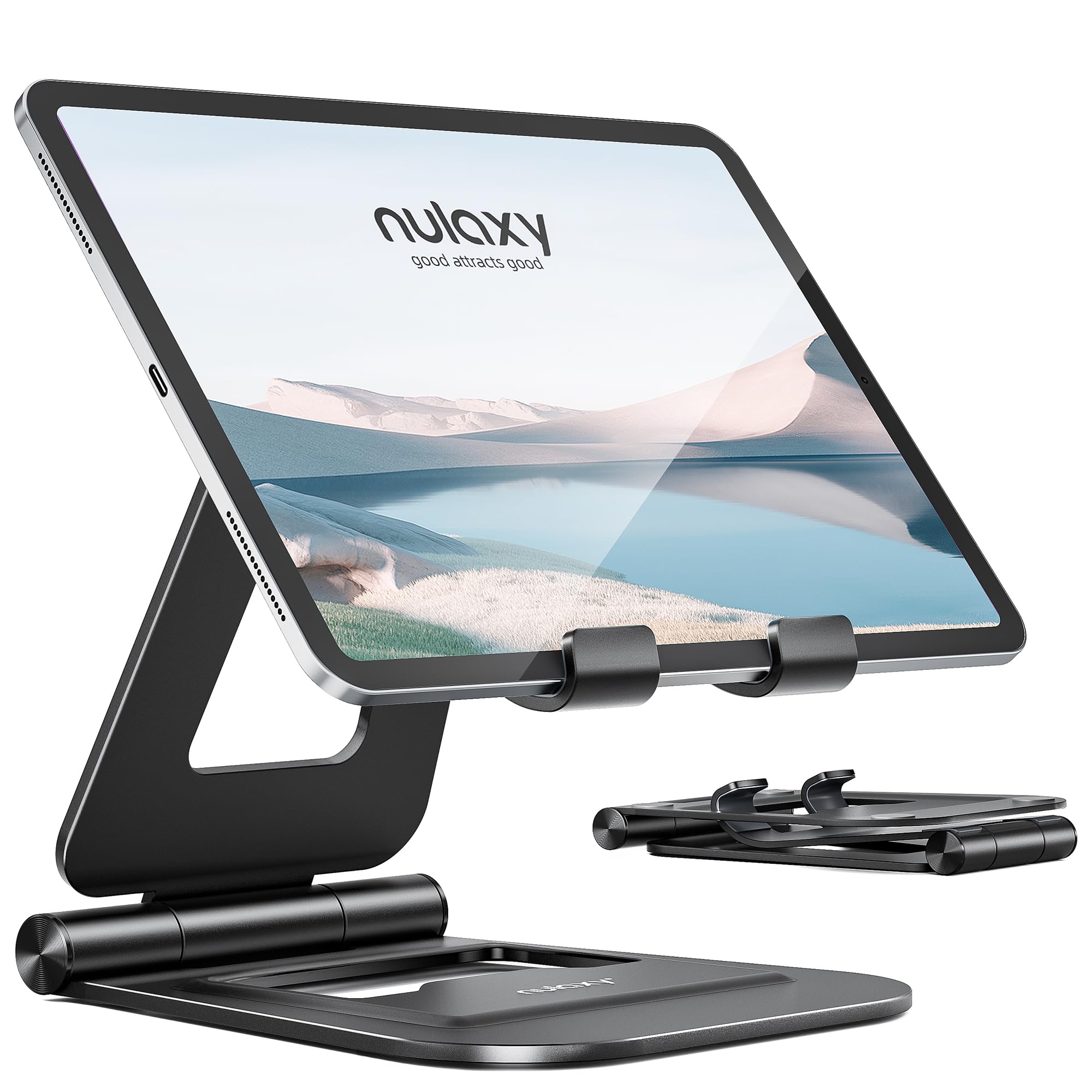 Nulaxy Aluminum Tablet Stand – Foldable Adjustable Desk Holder, Black