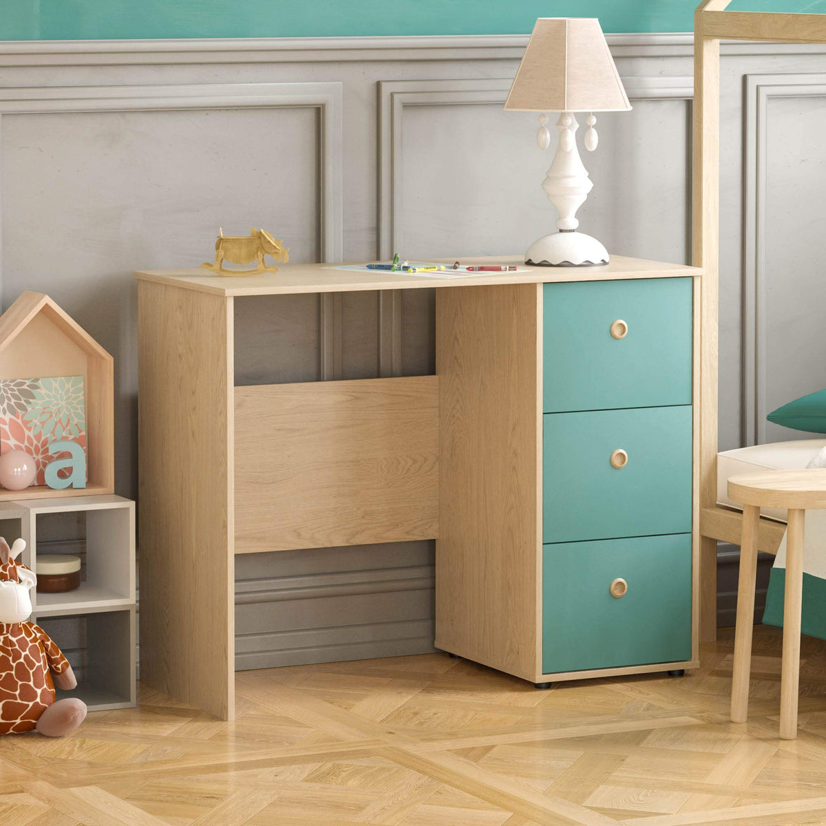 Junior Vida Neptune 3 Drawer Desk Computer Dressing Table PC/Laptop Home Study Workstation Children Kids Furniture Blue & Oak - image 1