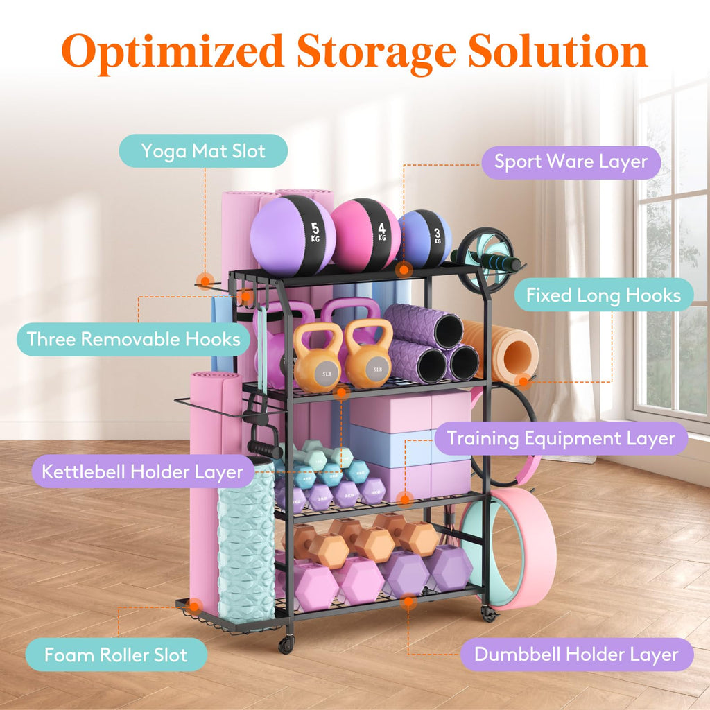 Lifewit Yoga Mat Holder | 4-Tier Metal Home Gym Storage Rack with Wheels