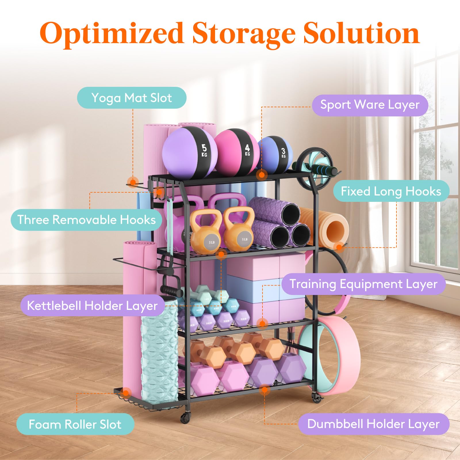 Lifewit Yoga Mat Holder | 4-Tier Metal Home Gym Storage Rack with Wheels