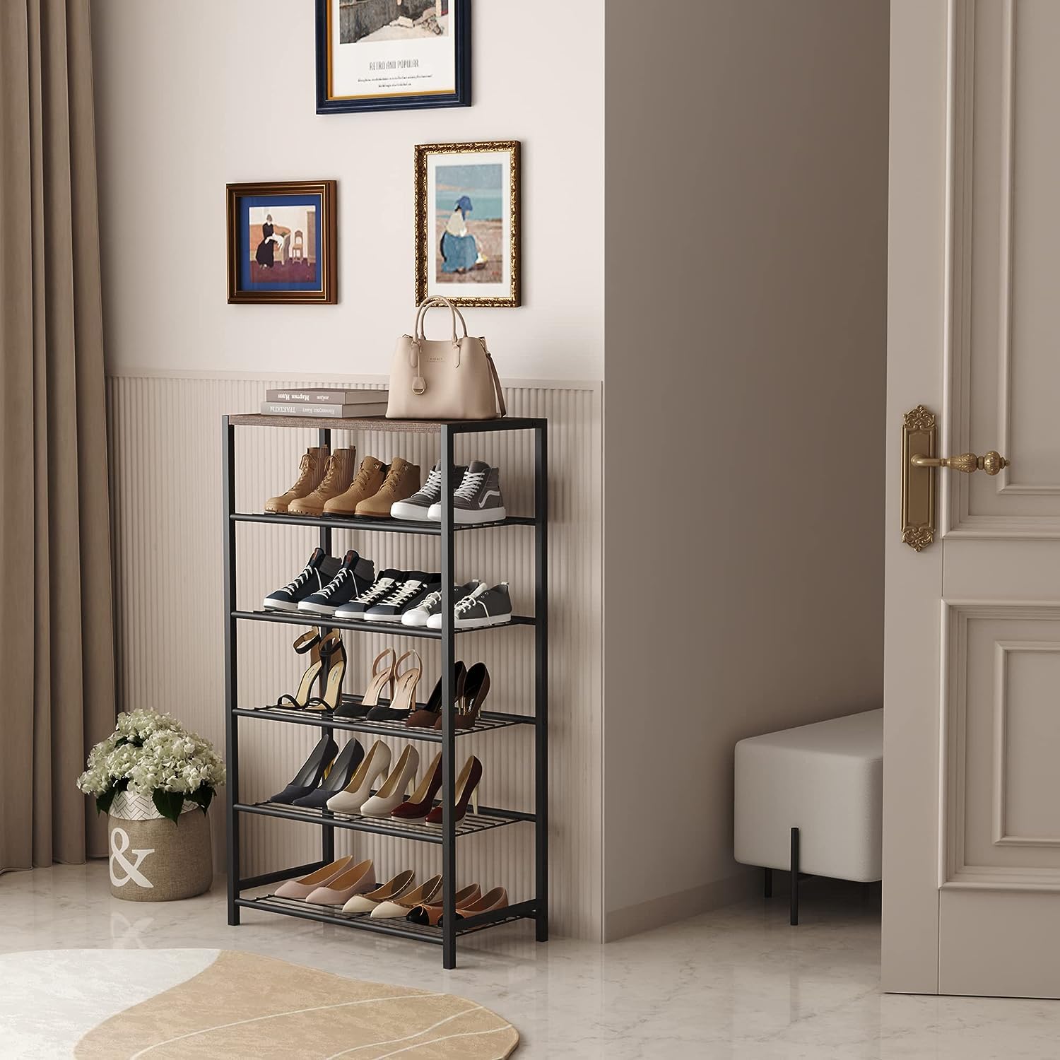 HOME BI 6-Tier Industrial Shoe Rack | Metal Storage Shelf with MDF Top