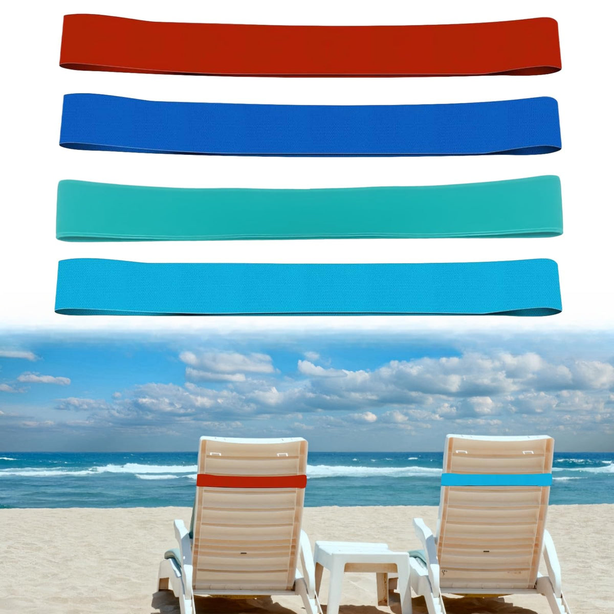 4 Pack Towel Bands, Beach Towel Clips for Pool & Cruise Chairs Elastic Sunbed Towel Craber Windproof Towel Holder Strap for Beach Chair - image 1