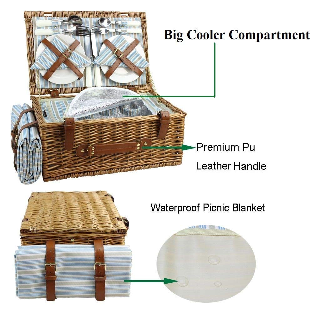 HappyPicnic Wicker Picnic Basket Set for 4 – Willow Hamper with Cooler
