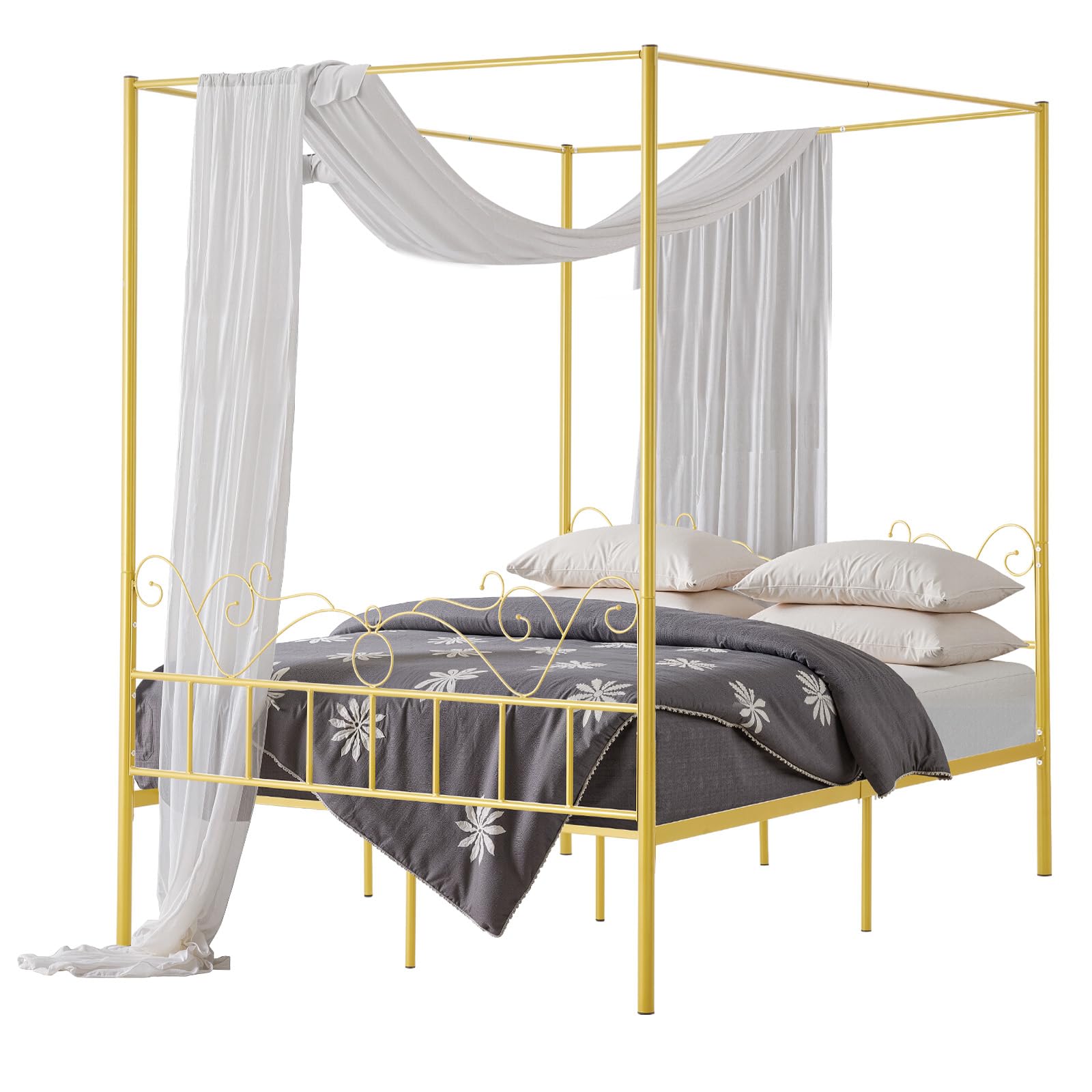 VEVOR Queen Canopy Bed Frame | Heavy Duty Metal with Headboard, Gold