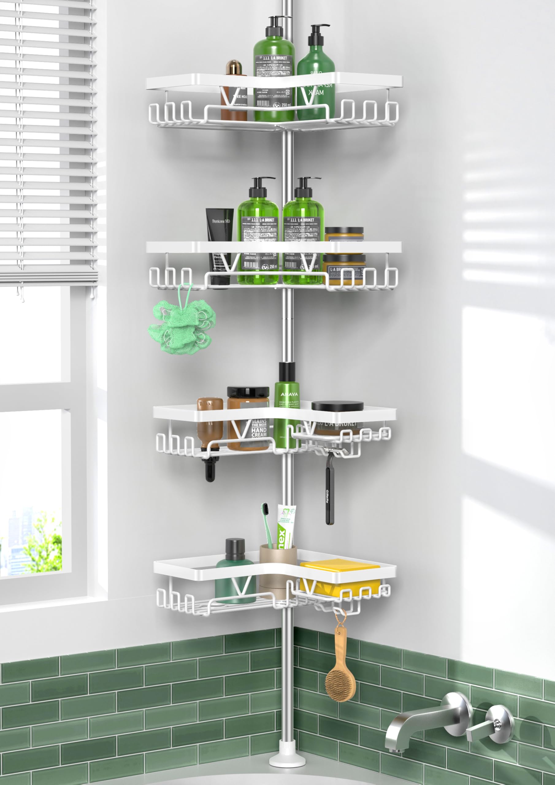 Kegii Telescopic Shower Caddy Corner – 4-Tier Tension Rod Shelf, White