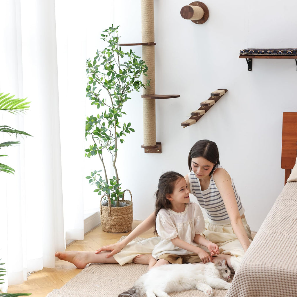 FUKUMARU Wall Mounted Cat Hammock – Large Walnut Wood Shelf and Bed