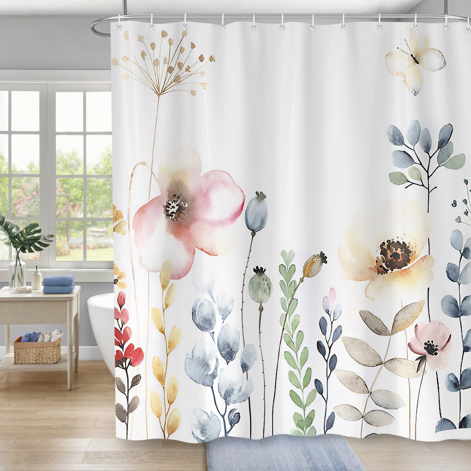 Minicoco Floral Botanical Shower Curtain - Waterproof & Mildew Resistant