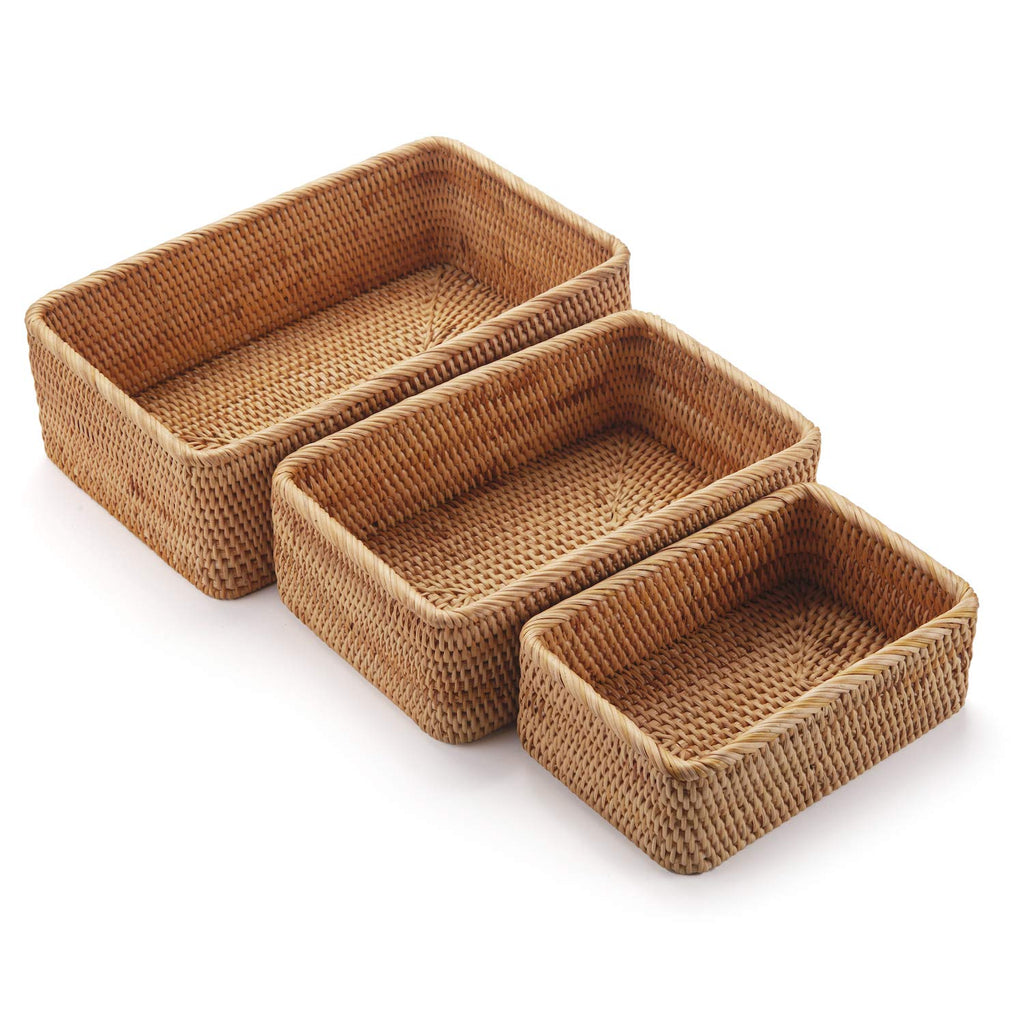 Rectangular Rattan Storage Baskets | Stackable Woven Wicker Set