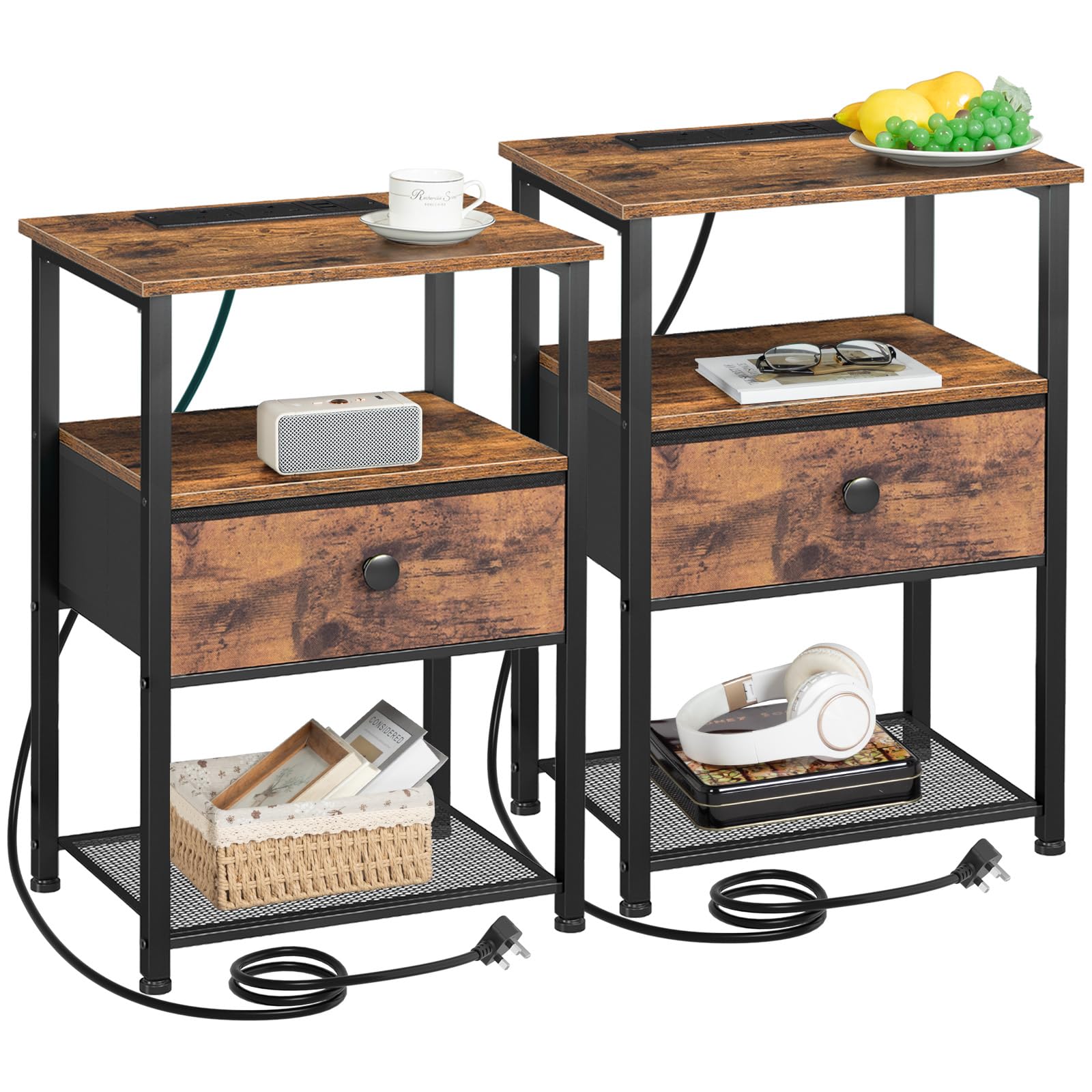AMHANCIBLE Bedside Table Set of 2 with Charging Station and Fabric Drawer