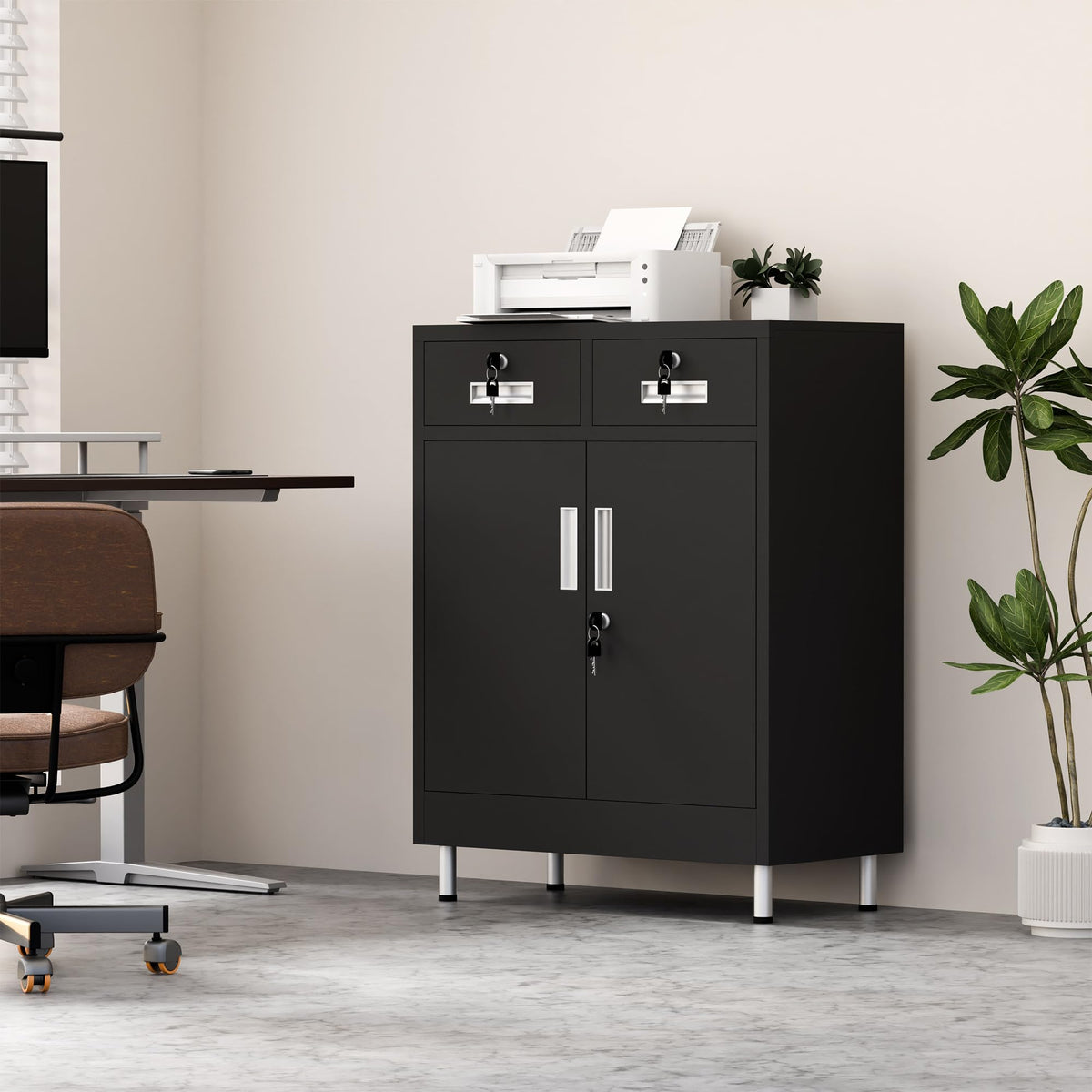 JINGUR Metal Storage Cabinet with Locking Doors and 2 Drawers Black