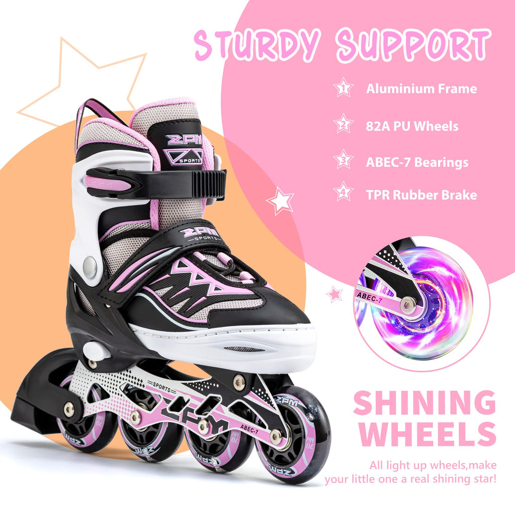 2pm Sports Light up Inline Skates - Adjustable Kids Roller Skates, Pink