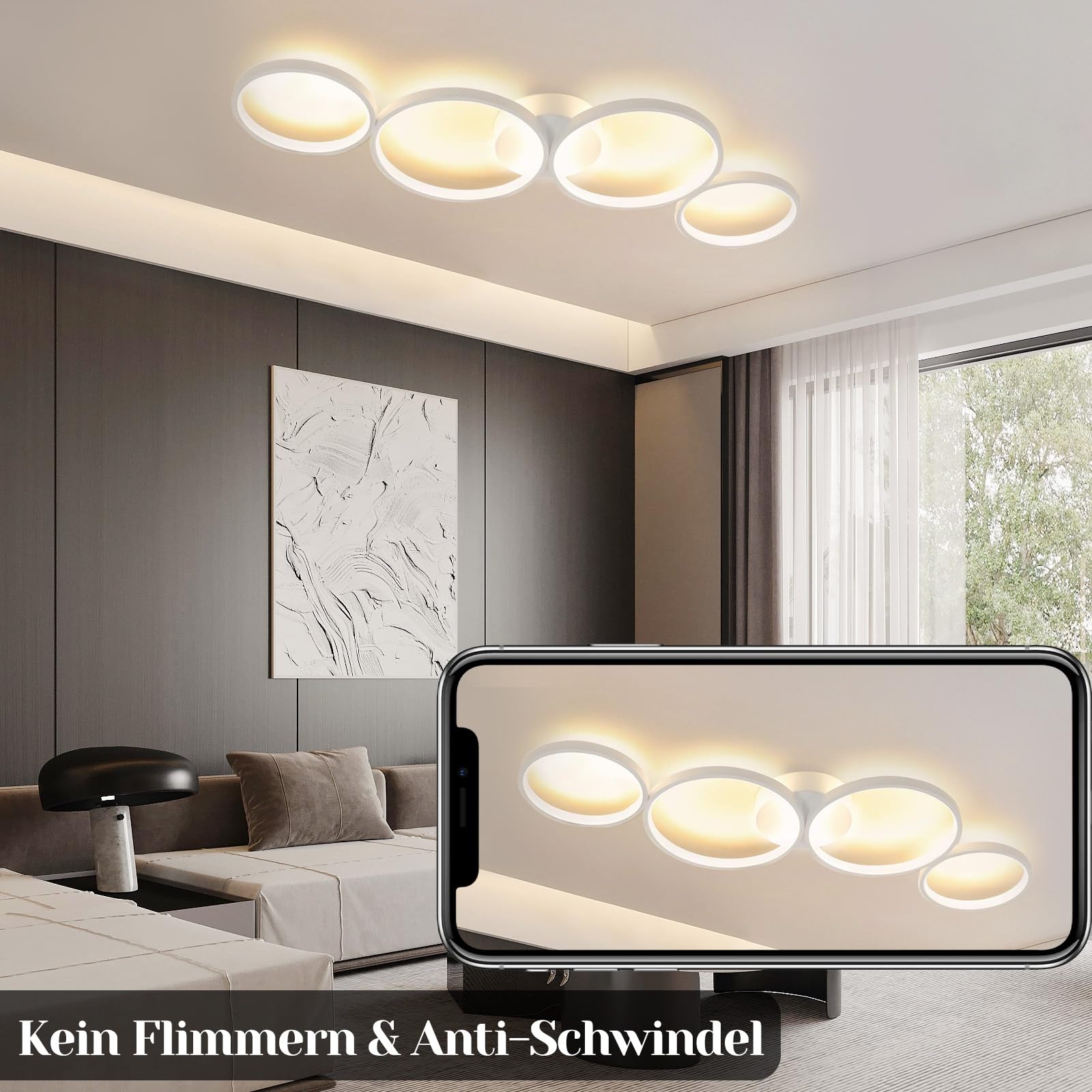 GBLY Modern LED Ceiling Light – 4-Ring Aluminium Lamp, 3000K Warm White