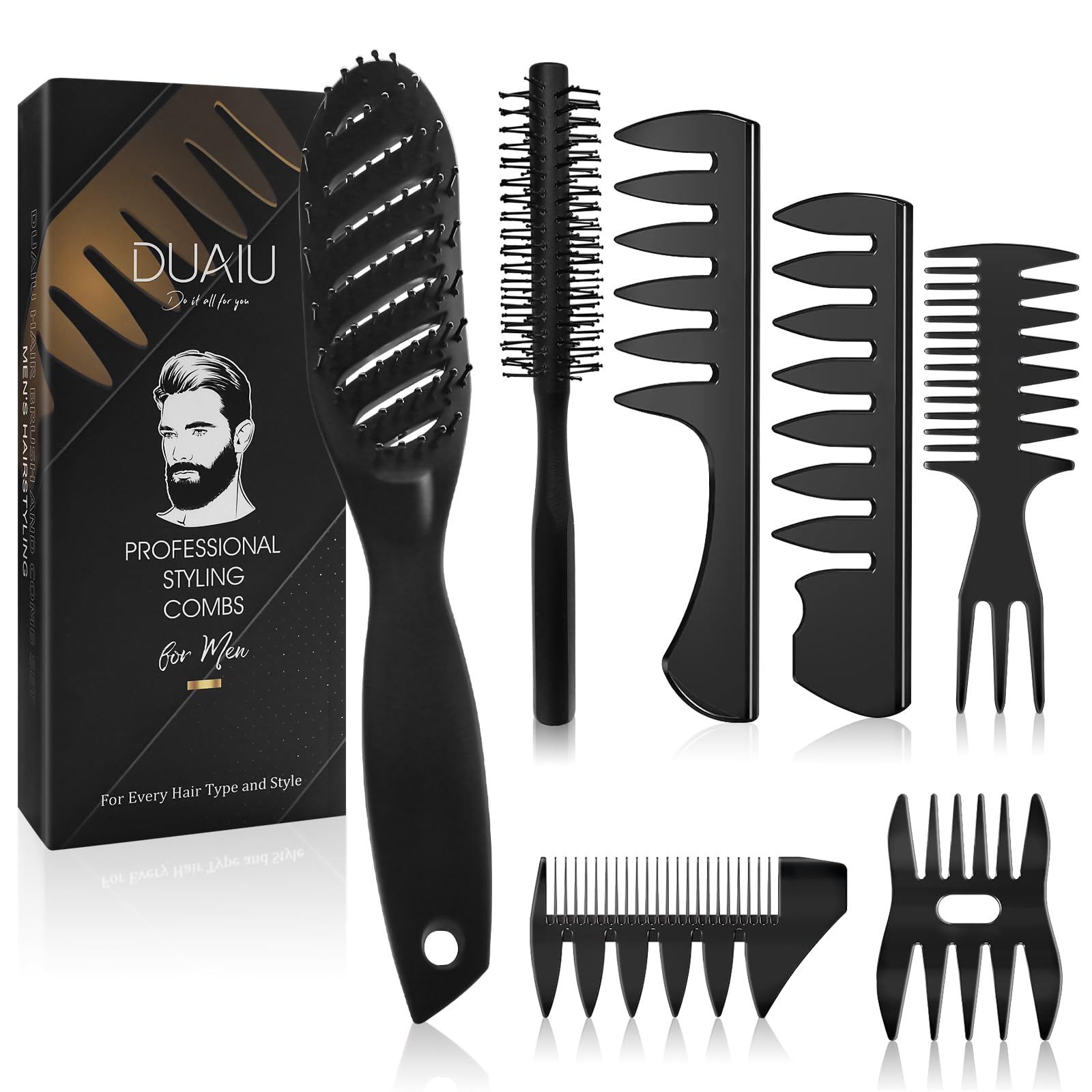 DUAIU 7-Piece Men's Hair Styling Set – Curved Vented Brush & Texture Combs
