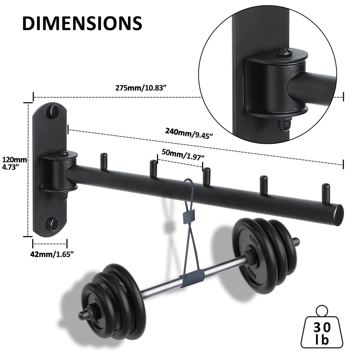 Mooche Clothes Rail Wall Mounted Black 2Pcs, Swivel Rail, 275MM