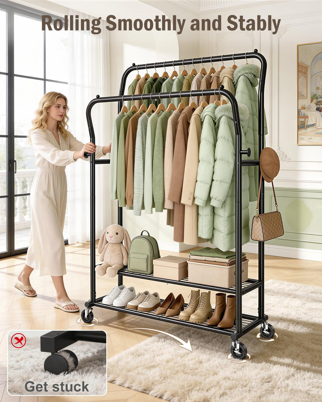 EAGMAK Heavy Duty Clothes Rail Load 378 kg, Double Rods Clothing Rails on Wheels, Height Adjustable Hanging Rack with Shelves & Coat Hooks