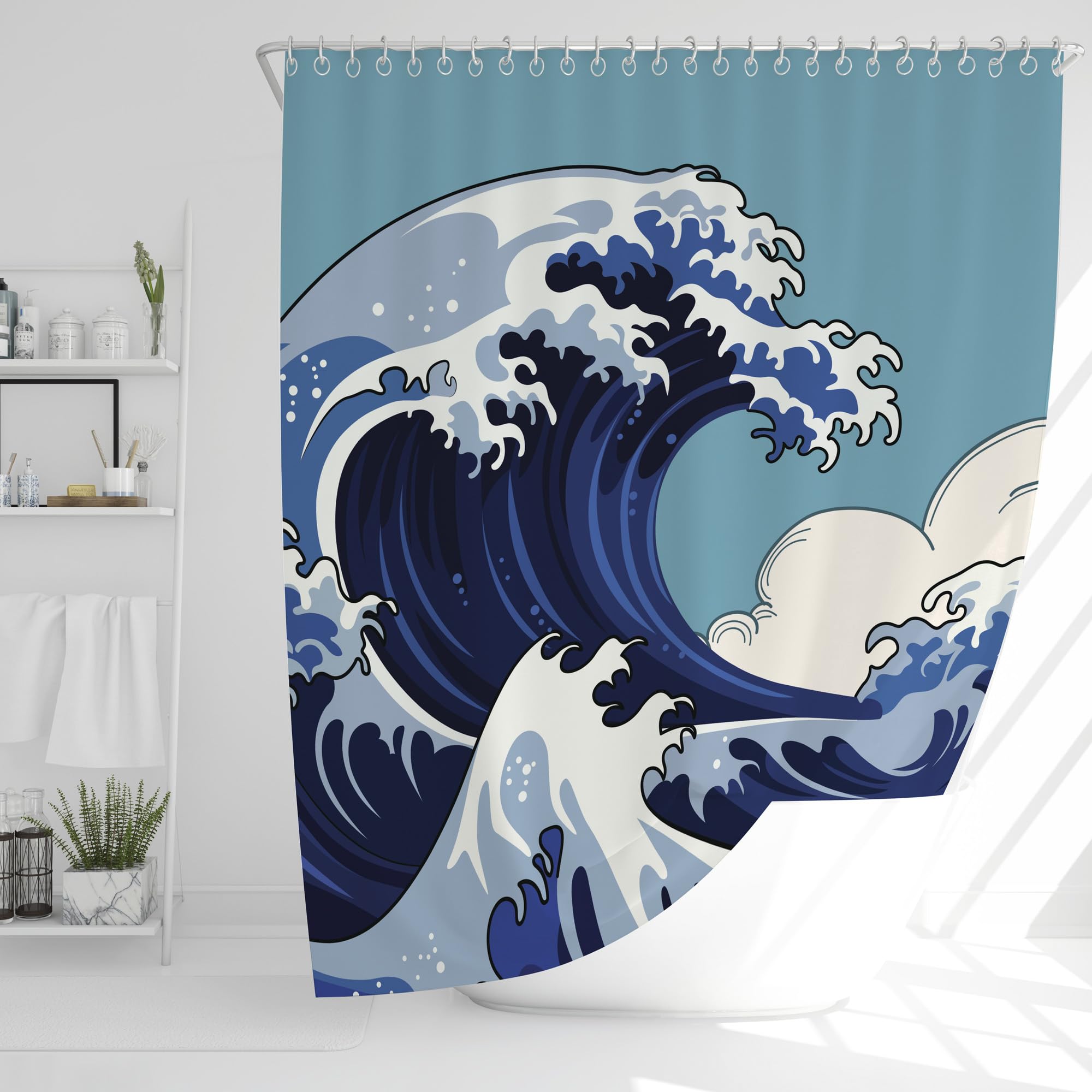 JJ PRIME Japanese Wave Shower Curtain - Waterproof & Mould Resistant