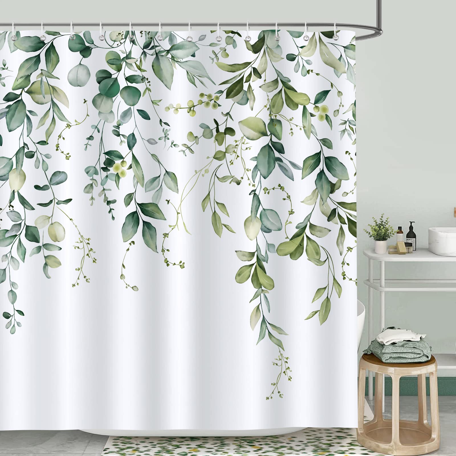Bonhause Eucalyptus Leaves Shower Curtain | Waterproof Polyester, 180x180cm