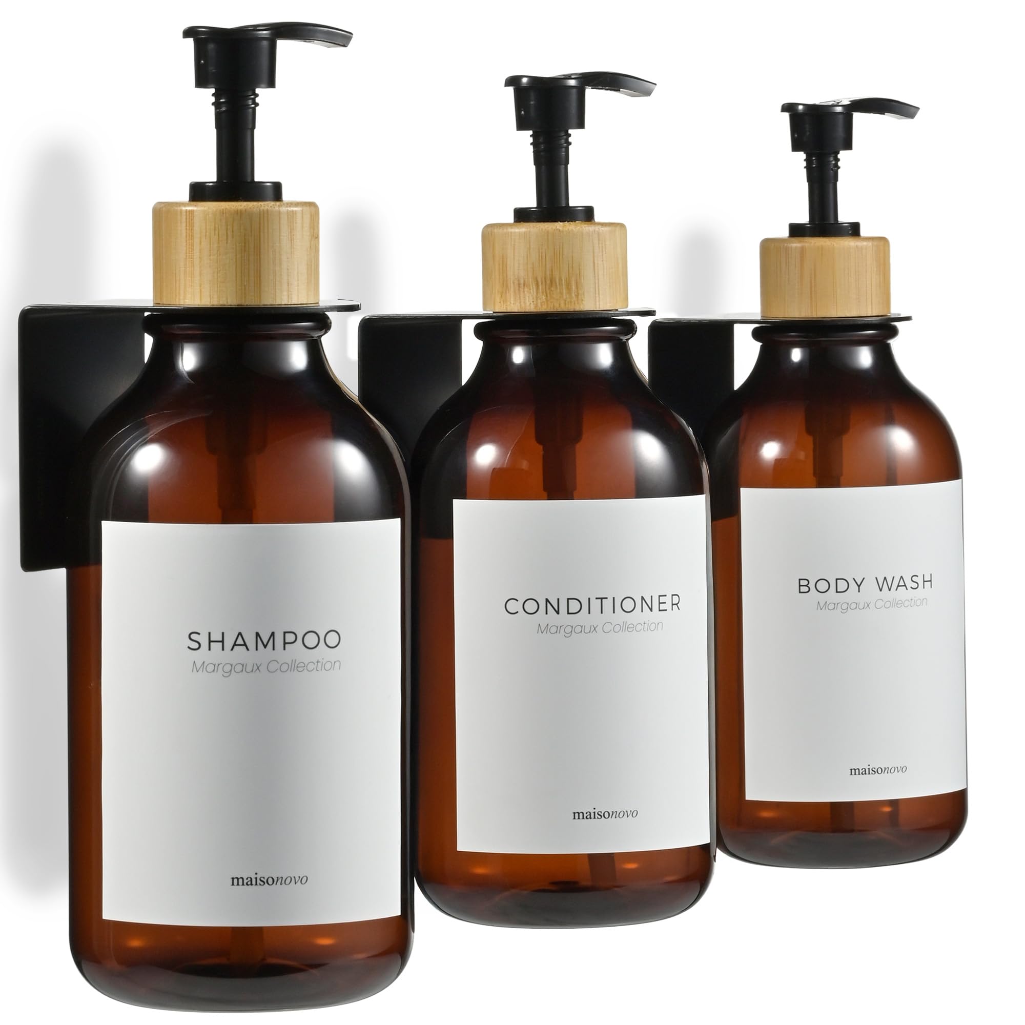MaisoNovo Wall Mounted Shampoo Dispenser Set – 3 Amber Bottles with Pump