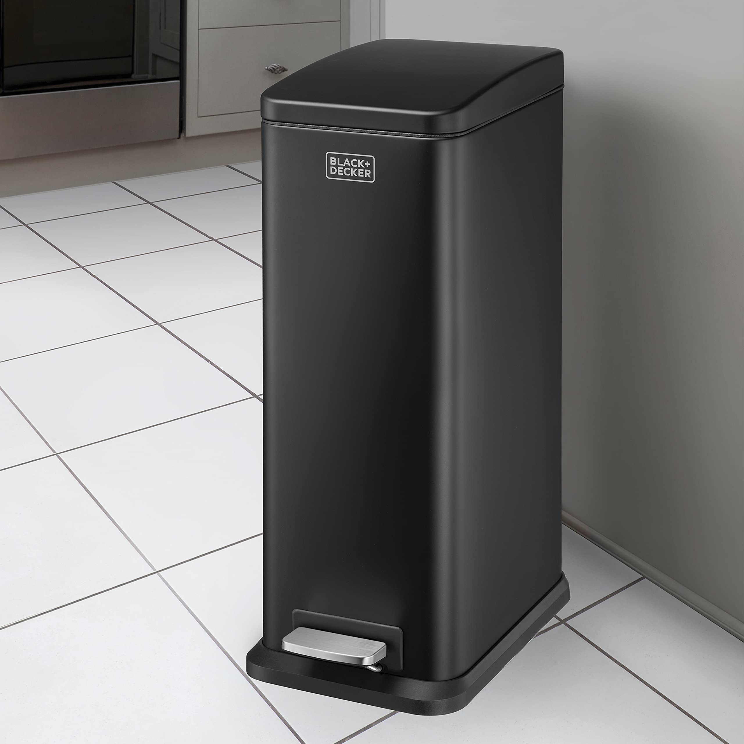 BLACK+DECKER 20L Slimline Pedal Bin – Black Stainless Steel Soft Close