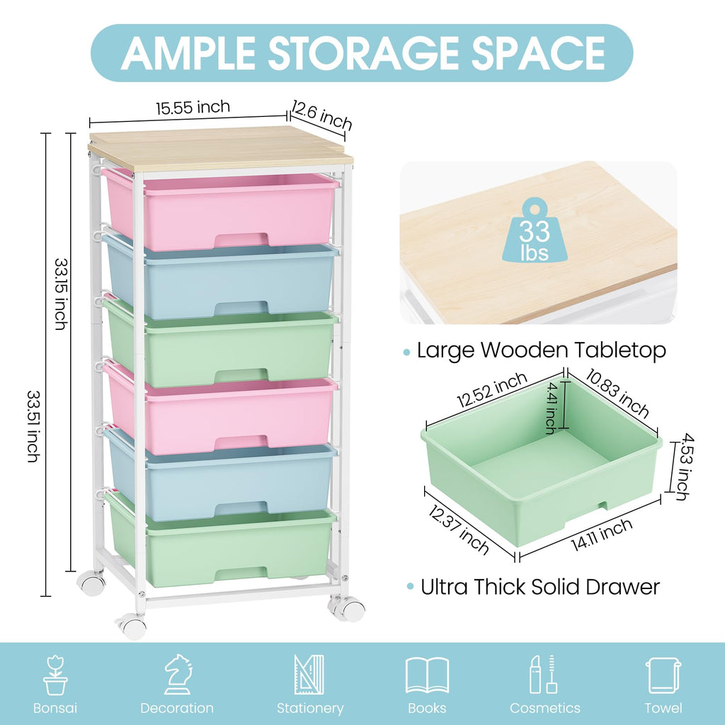 6-Drawer Craft Organizer Trolley Cart with Wooden Top - image 5