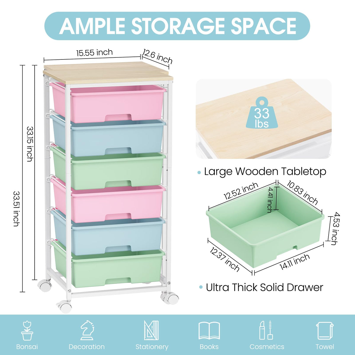 6-Drawer Craft Organizer Trolley Cart with Wooden Top - image 5