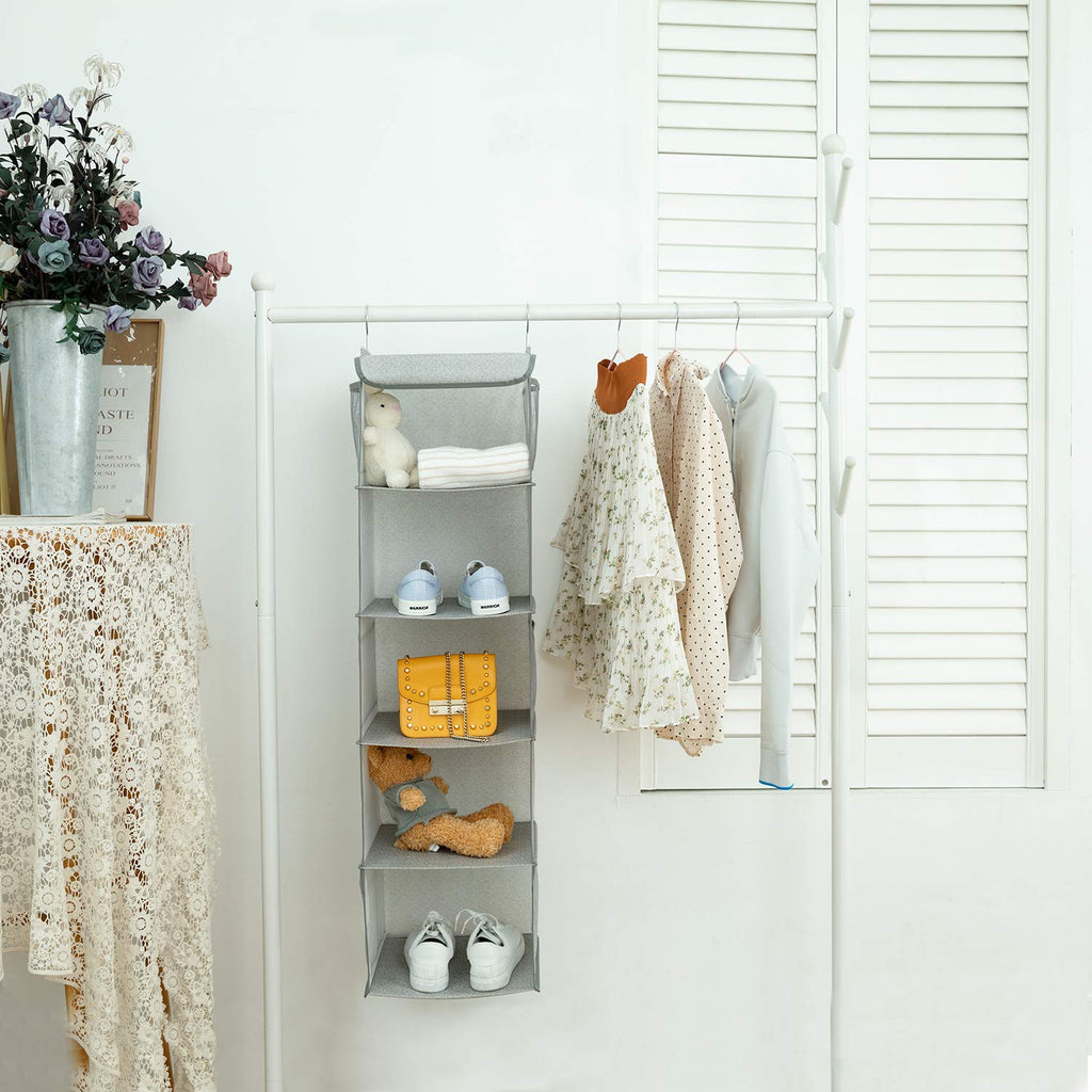 BrilliantJo Hanging Wardrobe Closet Storage with 5 Shelves Organiser, Storage Shelves Unit with 6 Pockets for Clothes - Light Grey30 x 30 x 108cm - image 2