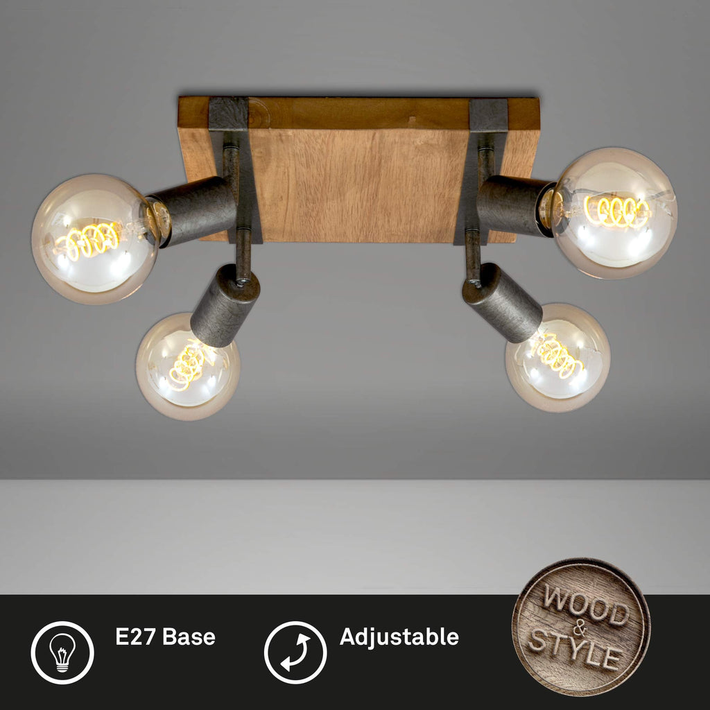 Briloner Vintage Ceiling Light – 4-Spot Rotatable Retro Lamp with Wood Base