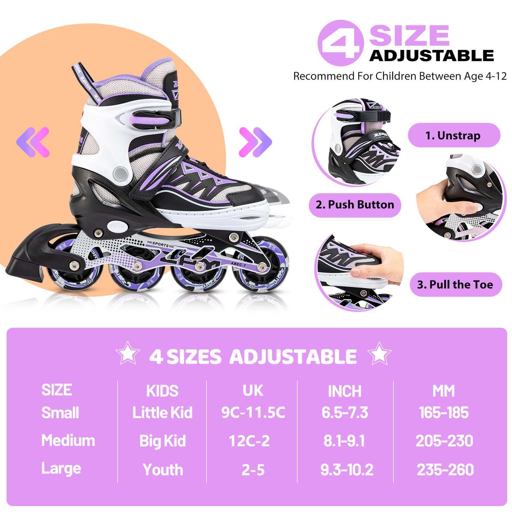 2pm Sports Light up Inline Skates – Adjustable Beginner Skates, Purple Large