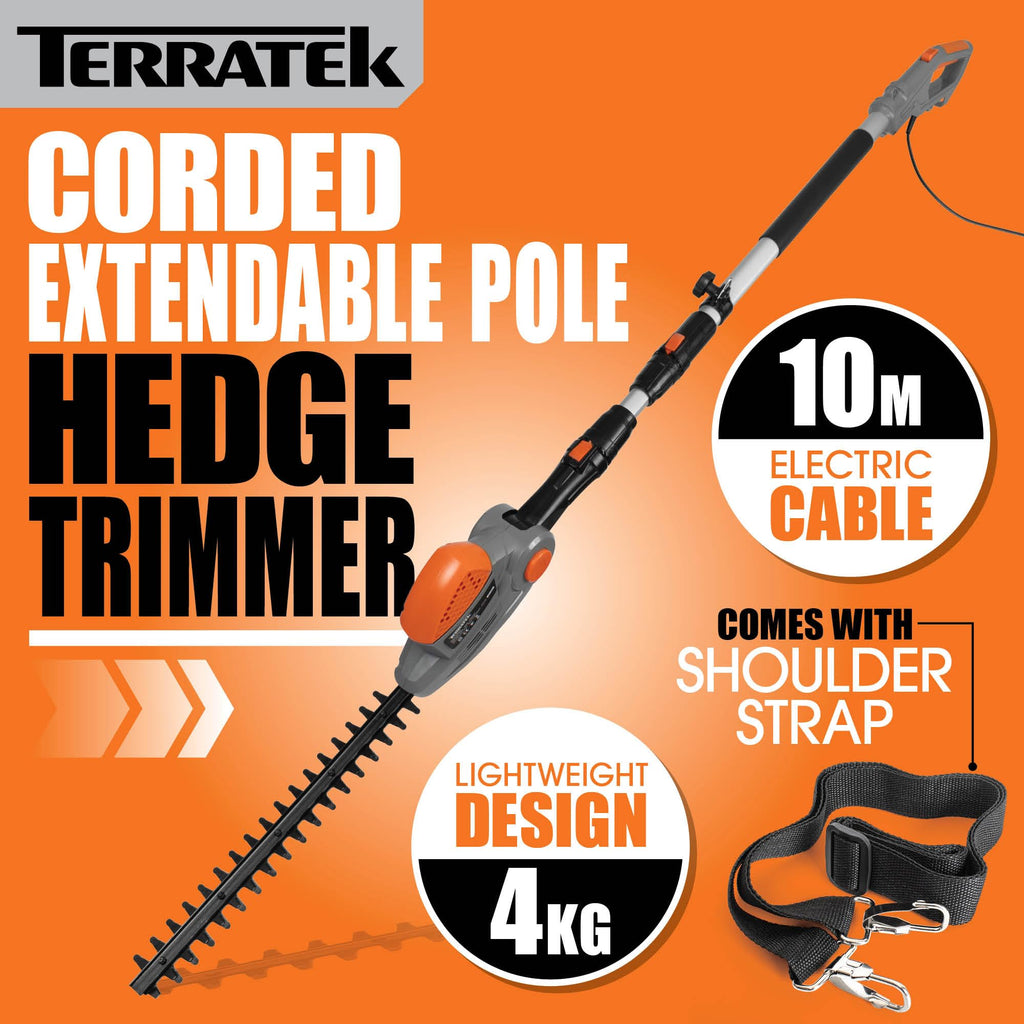 Terratek 550W Long Reach Pole Hedge Trimmer – 2.5m Telescopic Cutter