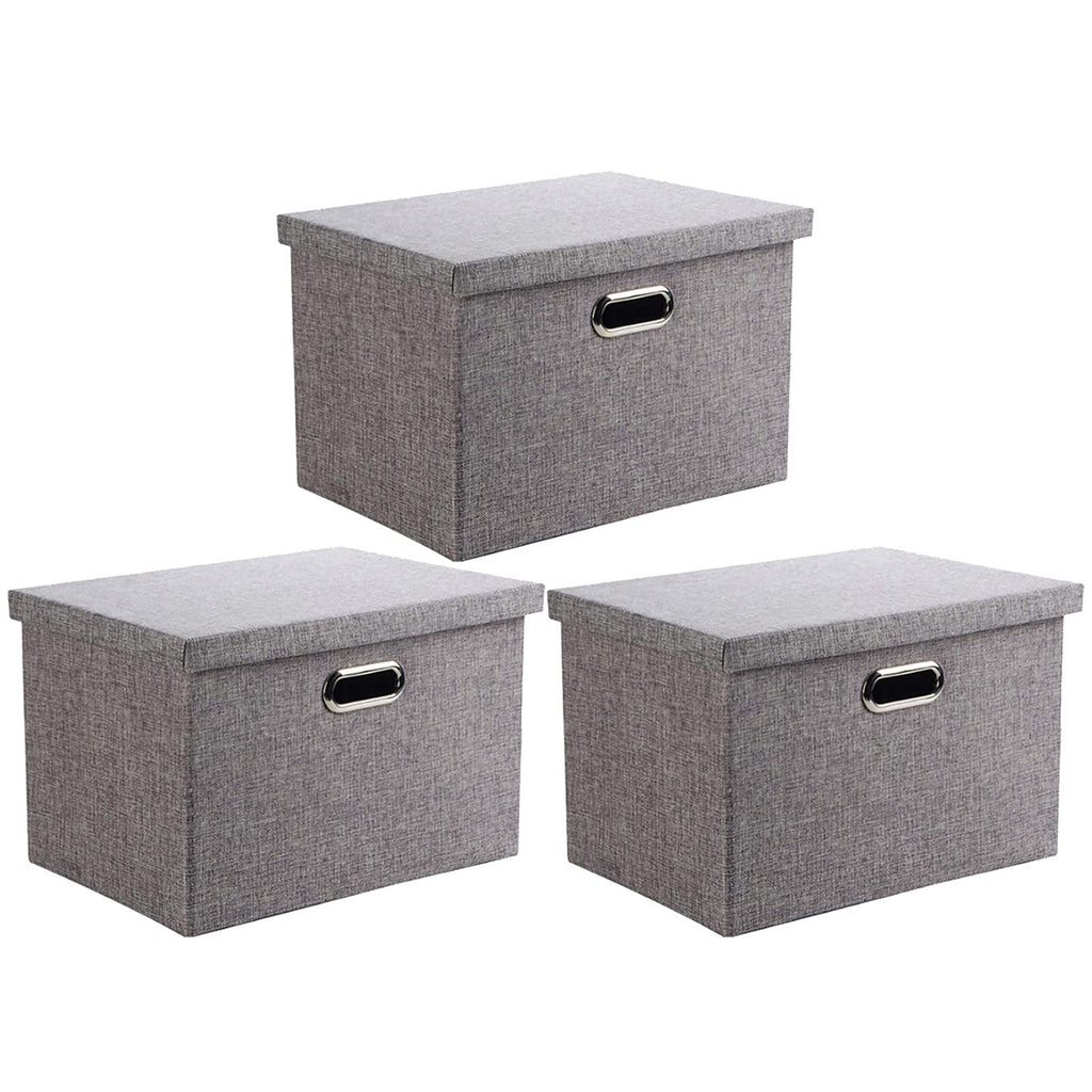 Wintao Large Foldable Fabric Storage Boxes with Lids, Grey - 3 Pack