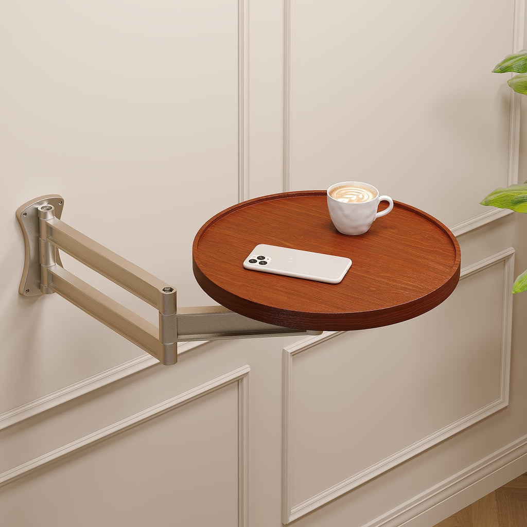 Vanpoo Wall Mounted Folding Table,Walnut Bedside Shelf Wall Mount Floating Wall Desk for Small Spaces,11.8" Round Wood TableTop with Aluminum Alloy - image 1