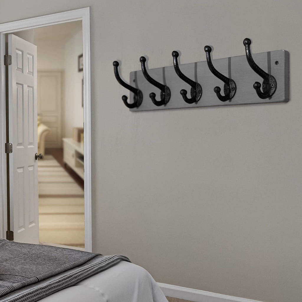 WEBI Rustic Wall Mounted Coat Rack – 5 Cast Iron Hooks, Solid Wood, 2 Pack