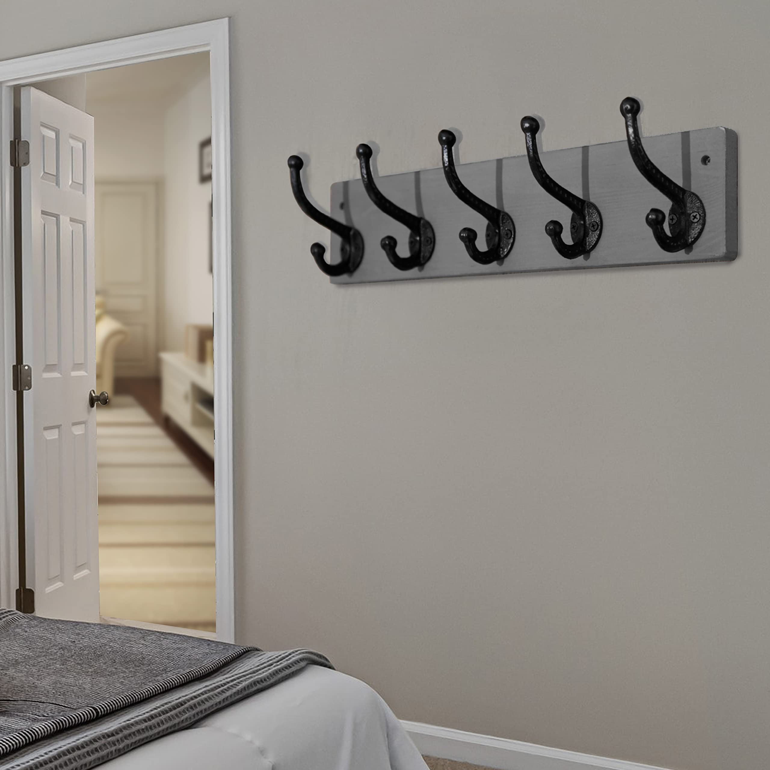 WEBI Rustic Wall Mounted Coat Rack – 5 Cast Iron Hooks, Solid Wood, 2 Pack