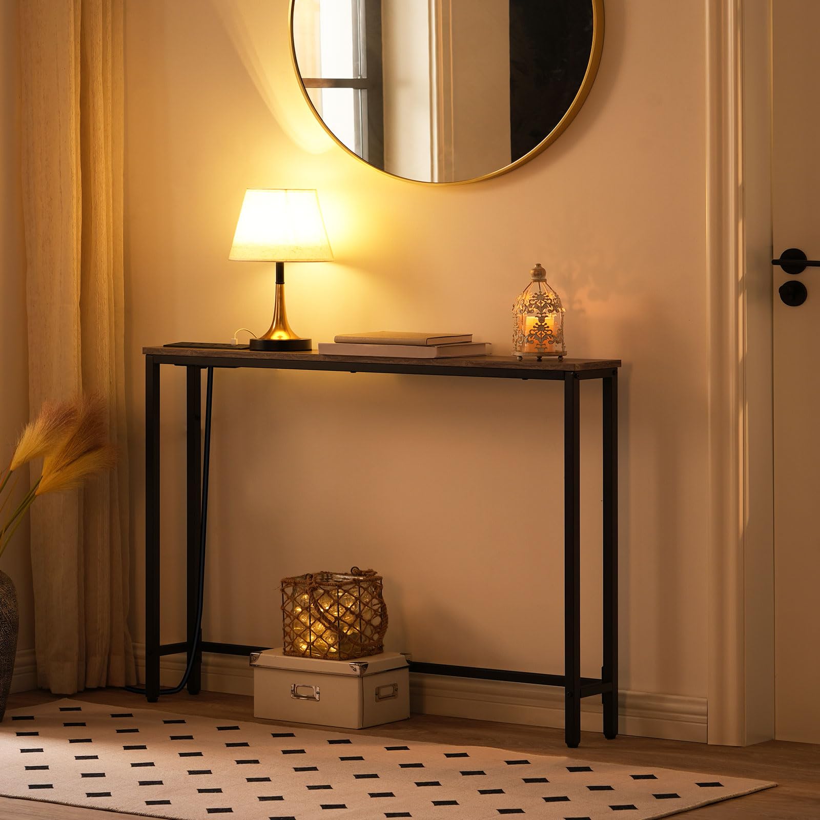 HOOBRO Slim Console Table with Charging Station - 100cm Greige Sofa Table