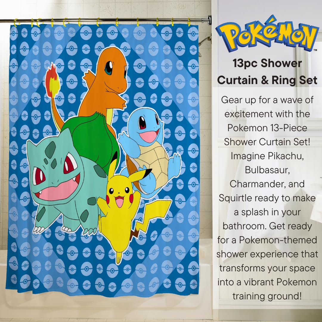 Franco Pokemon Anime 13 Piece Shower Curtain and Ring Set, 100% Officially Licensed Product