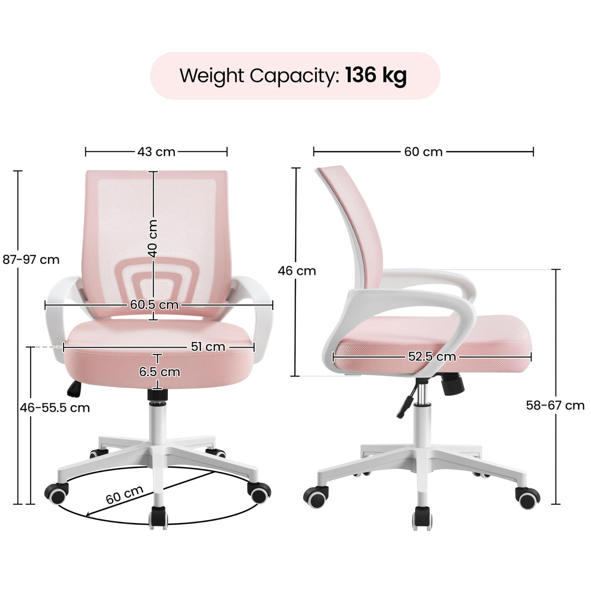 Yaheetech Ergonomic Chair Mesh Swivel Lumbar Support Adjustable Desk Pink - image 3